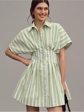 Anthropologie The Tobie Mini Shirt Dress by Exquise Button Front Green Size XS